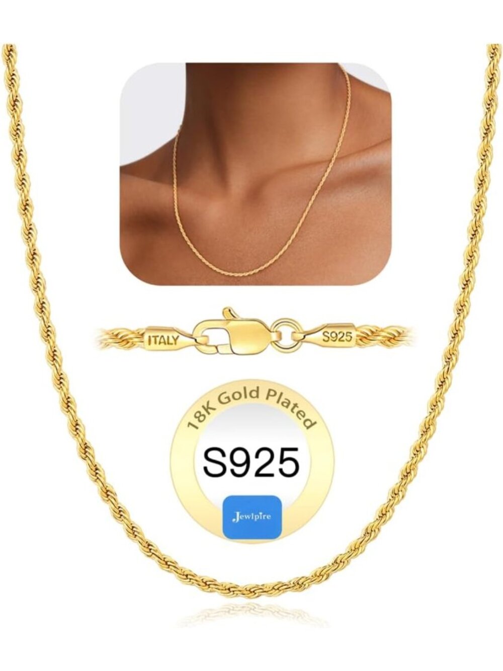 2mm Gold Plated Rope Chain Necklace for Women - Sterling Silver, 16-26 Inch
